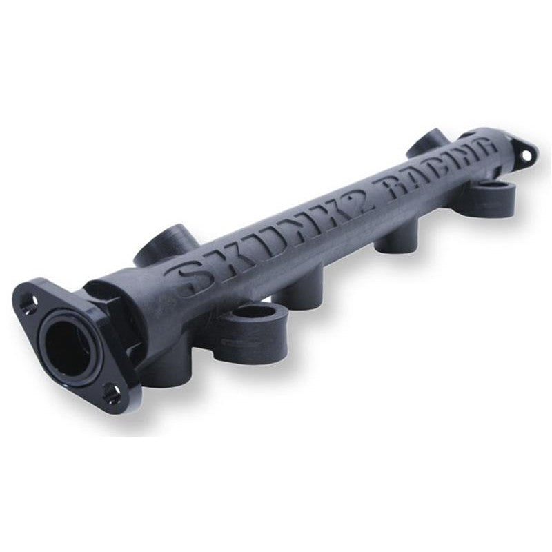 Skunk2 carbon-impregnated composite high-volume fuel rail with -8 AN fittings for 4G63 Mitsubishi Evolution.