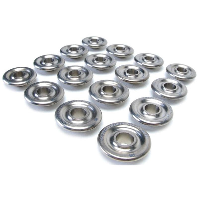 Set of sixteen precision-machined Skunk2 Pro Series titanium valve spring retainers with radius-cut edges.