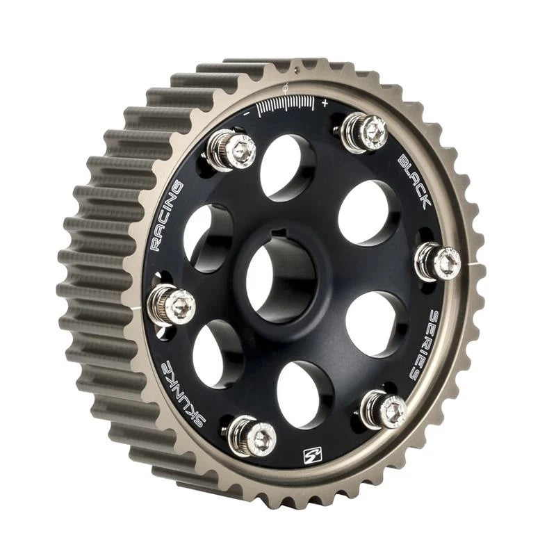Set of two black Skunk2 Pro-Series adjustable cam gears for Honda H22 and F20B DOHC VTEC engines.
