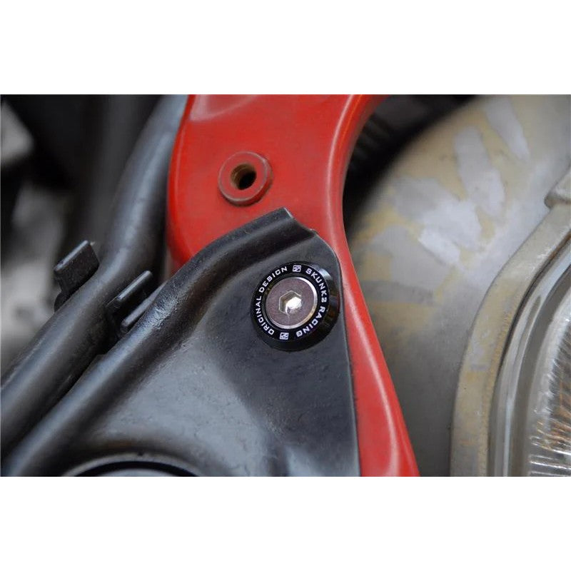 Six black anodized Skunk2 16.8mm fender washers with flush-mount stainless steel bolts