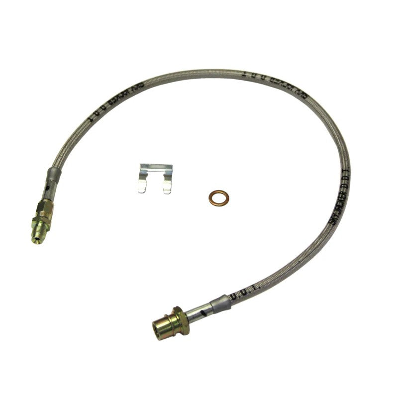 Skyjacker RBL30 stainless steel braided brake hose featuring brass fittings and a protective polyurethane coating.