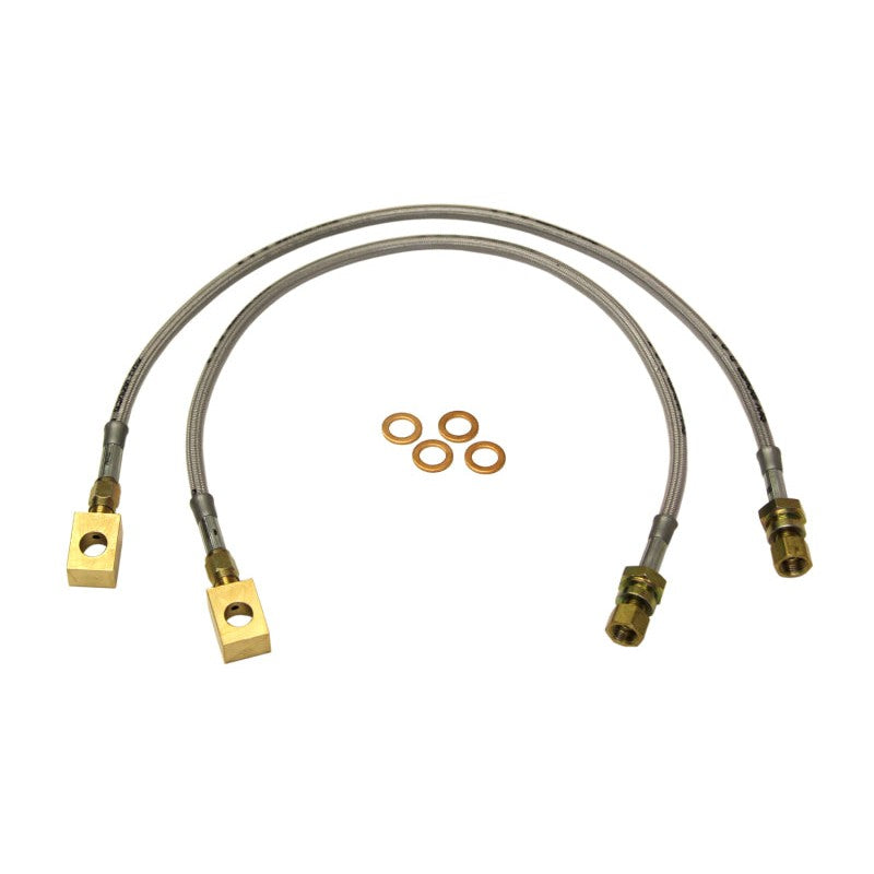 Skyjacker FBL50 stainless steel braided brake hose with heavy-duty brass fittings and polyurethane coating.