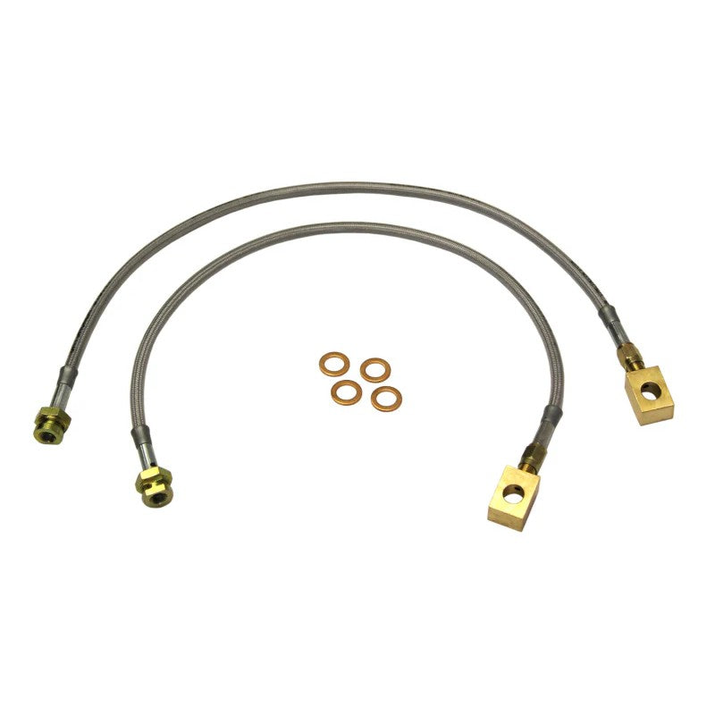 Skyjacker stainless steel braided brake hose with brass fittings and clear polyurethane coating for 1974-1981 Jeep models.