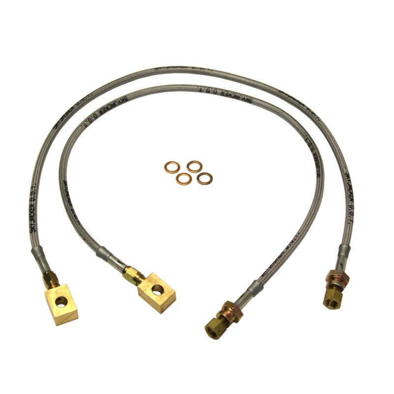 Skyjacker FBL93 stainless steel braided brake hose with brass fittings and protective polyurethane coating.
