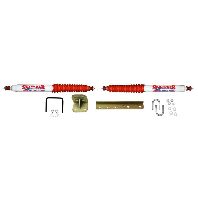 Skyjacker 7200 steering stabilizer damper and mounting hardware for Jeep CJ and Wrangler.