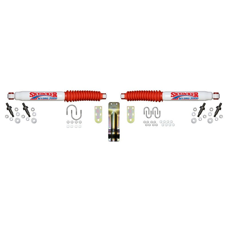 Skyjacker steering stabilizer damper cylinder with mounting bushings and hardware.