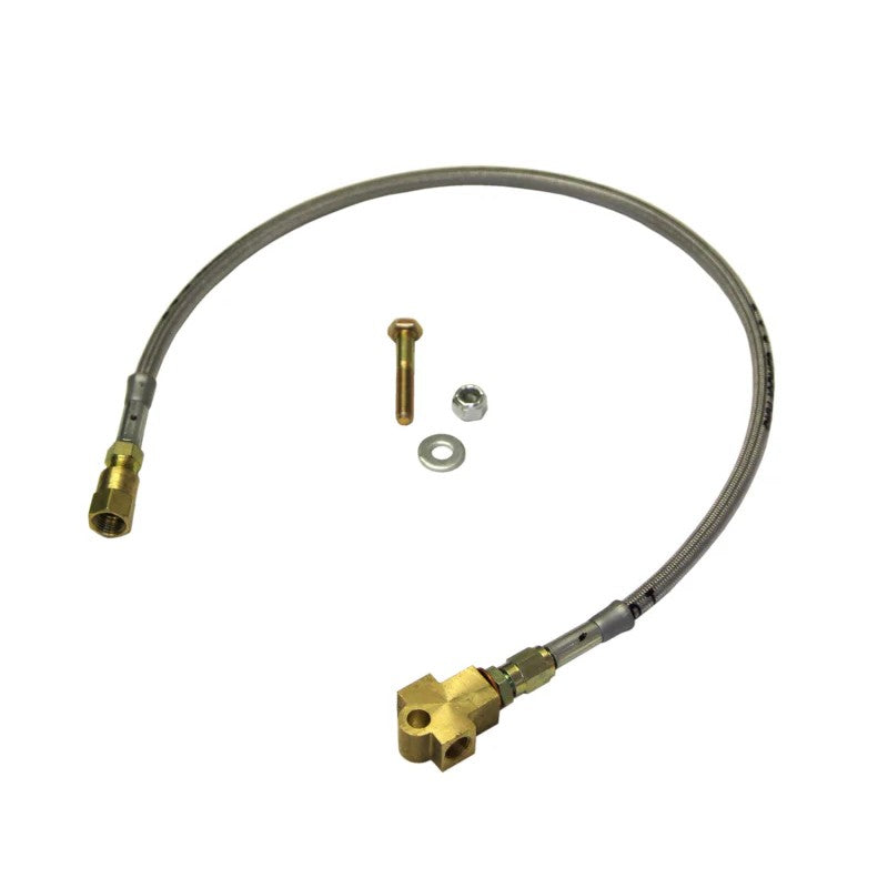 Skyjacker stainless steel braided brake hose featuring brass fittings and a protective clear polyurethane coating.