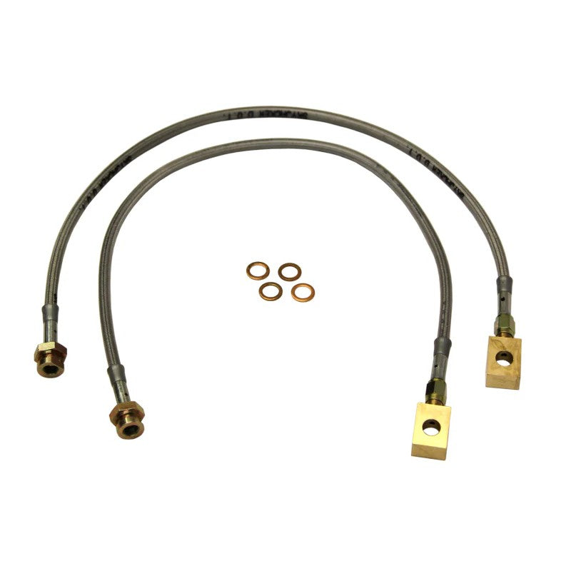 Skyjacker FBL17 stainless steel braided brake hose featuring brass fittings and a clear polyurethane coating.