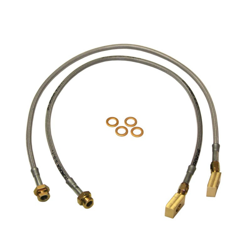 Skyjacker FBL90 stainless steel braided brake hose with heavy-duty brass fittings and clear protective coating.