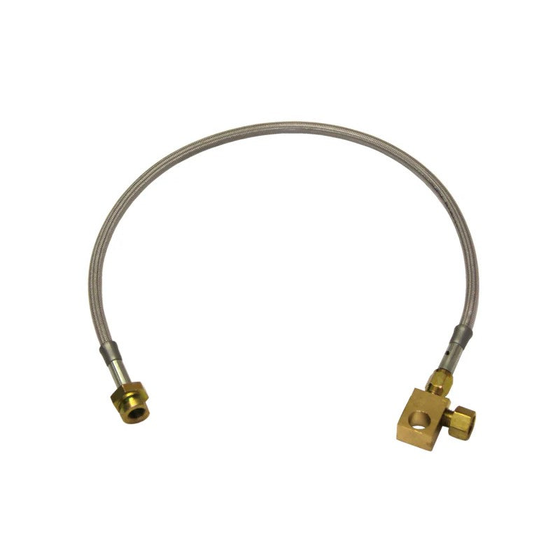Skyjacker RBL80 stainless steel braided brake hose with brass fittings and protective polyurethane coating.