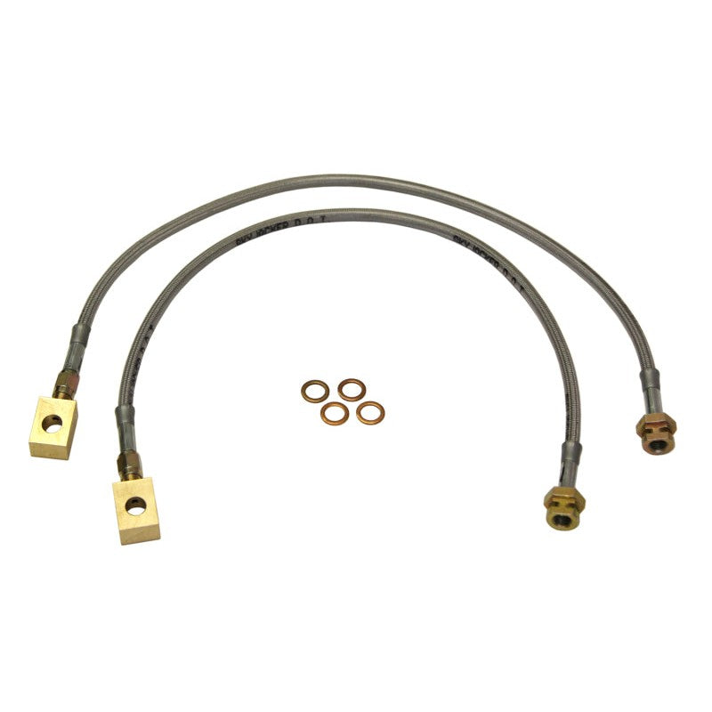 Skyjacker FBL40 stainless steel braided brake hose with heavy-duty brass fittings and clear protective coating.