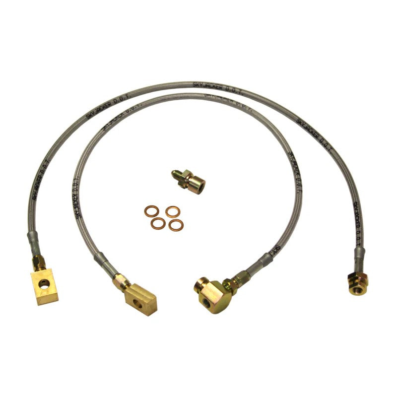 Skyjacker FBL38 stainless steel braided brake hose with brass fittings and clear protective polyurethane coating.