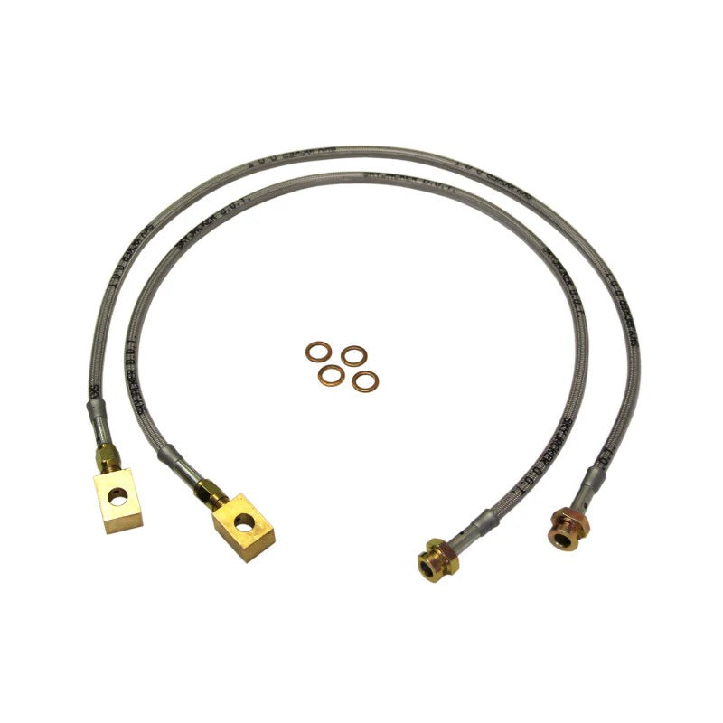 Skyjacker FBL19 stainless steel braided brake hose with brass fittings and clear polyurethane protective coating.