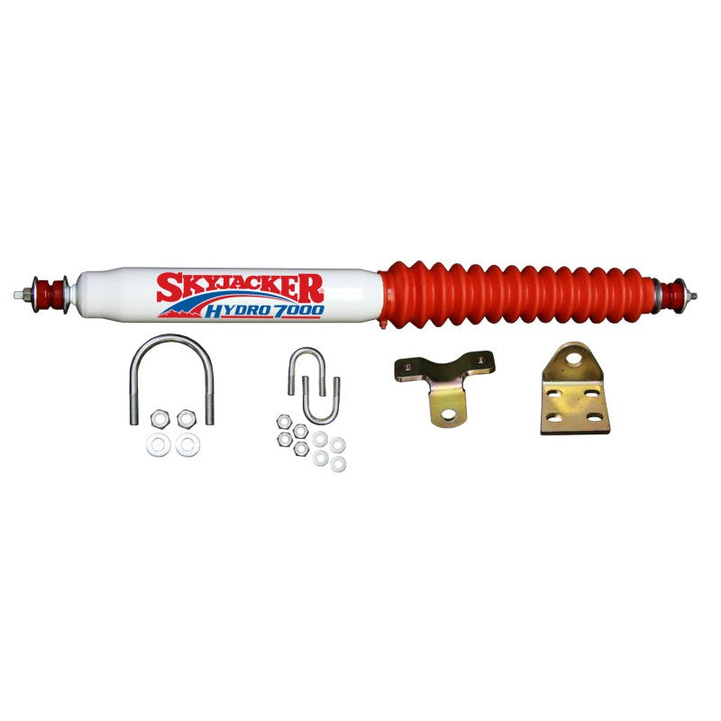 Skyjacker 7100 steering damper kit featuring a white stabilizer shock with red boot and mounting hardware.