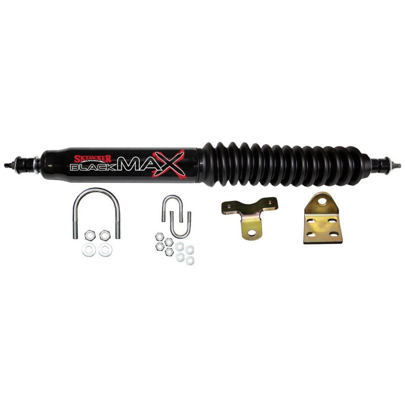 Black Skyjacker 8100 steering damper shock absorber for steering stabilization.