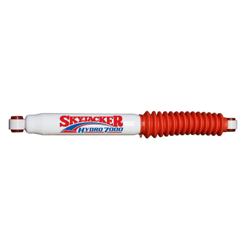Skyjacker 7000 steering damper shock featuring a white finish and red protective dust boot.