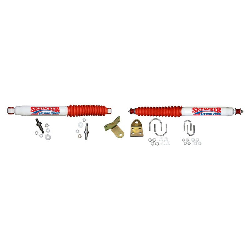 Skyjacker 7255 steering stabilizer kit featuring a white hydraulic shock absorber and mounting hardware.