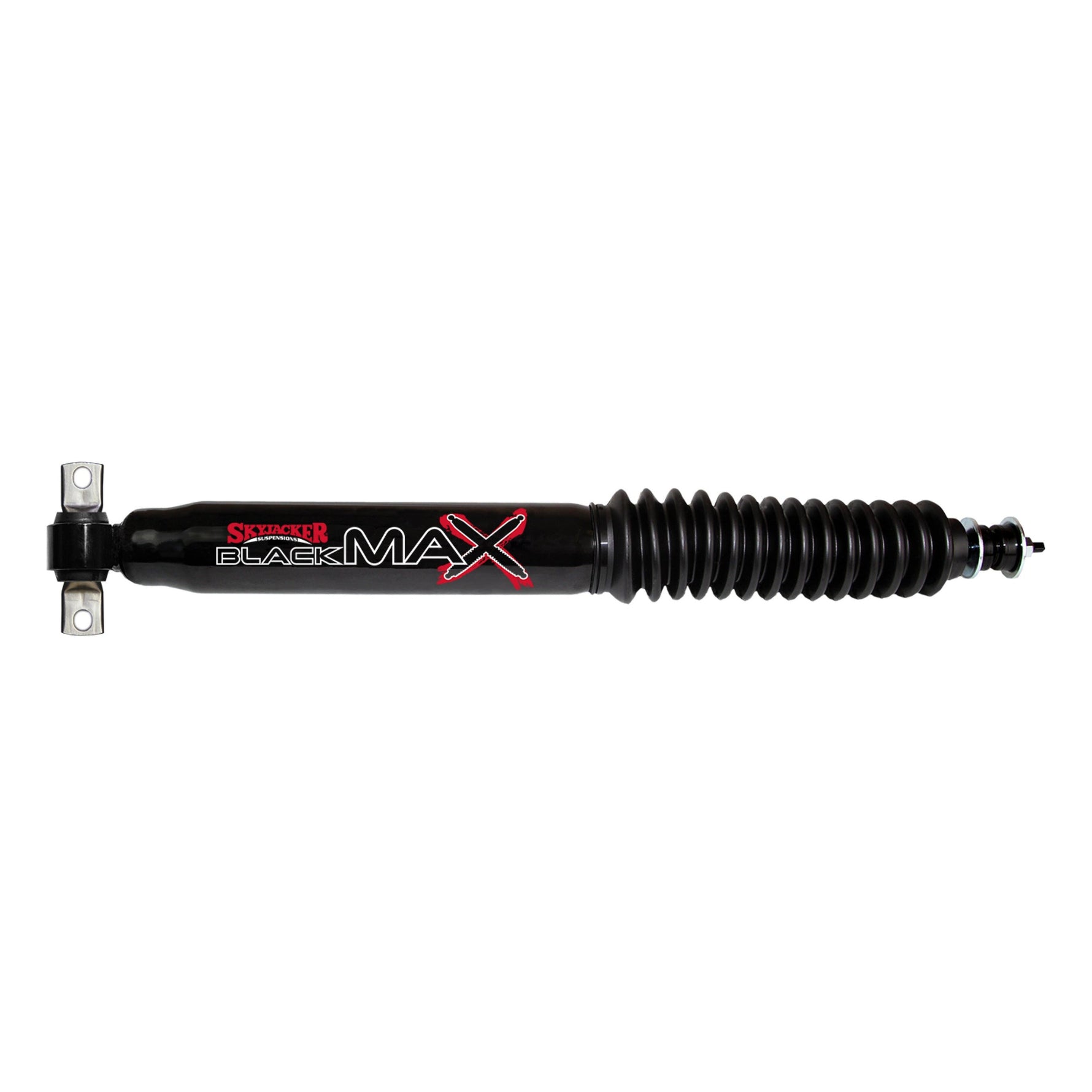 Skyjacker Black Max 8500 twin tube shock absorber with black dust boot and silver finish.