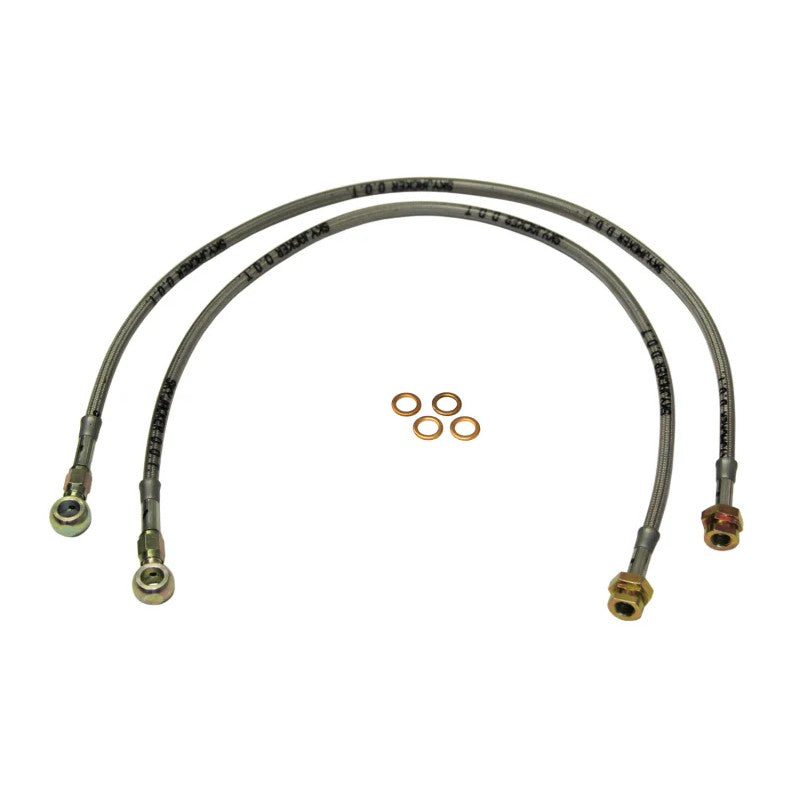 Skyjacker FBL29 stainless steel braided brake hose with brass fittings and clear protective coating.