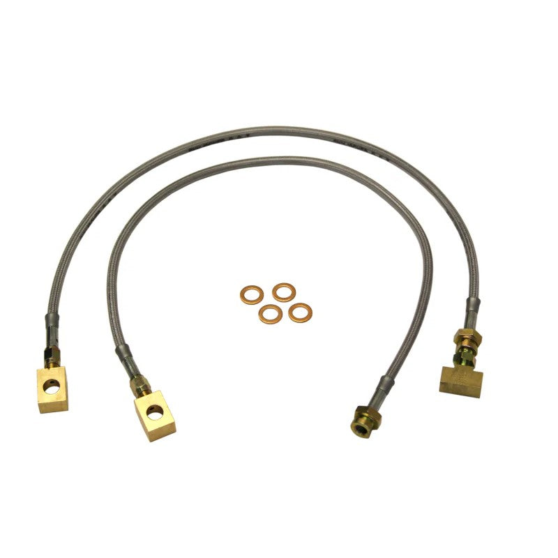 Skyjacker FBL91 stainless steel braided brake hose with brass fittings and protective polyurethane coating.