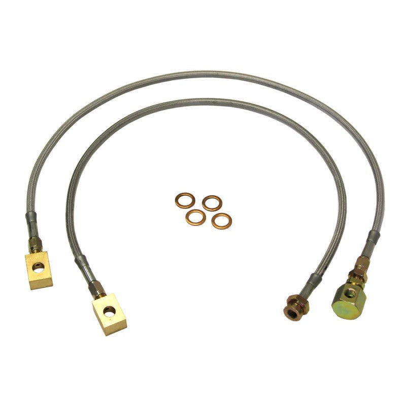 Skyjacker FBL36 braided stainless steel brake hose featuring brass fittings and a protective polyurethane coating.