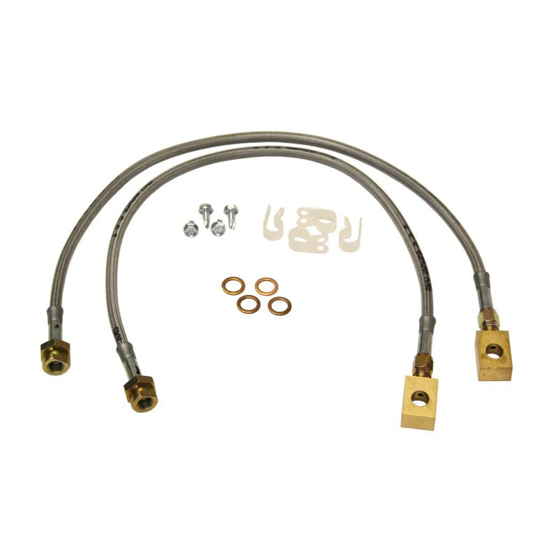 Skyjacker stainless steel braided brake hose with brass fittings and protective polyurethane coating.