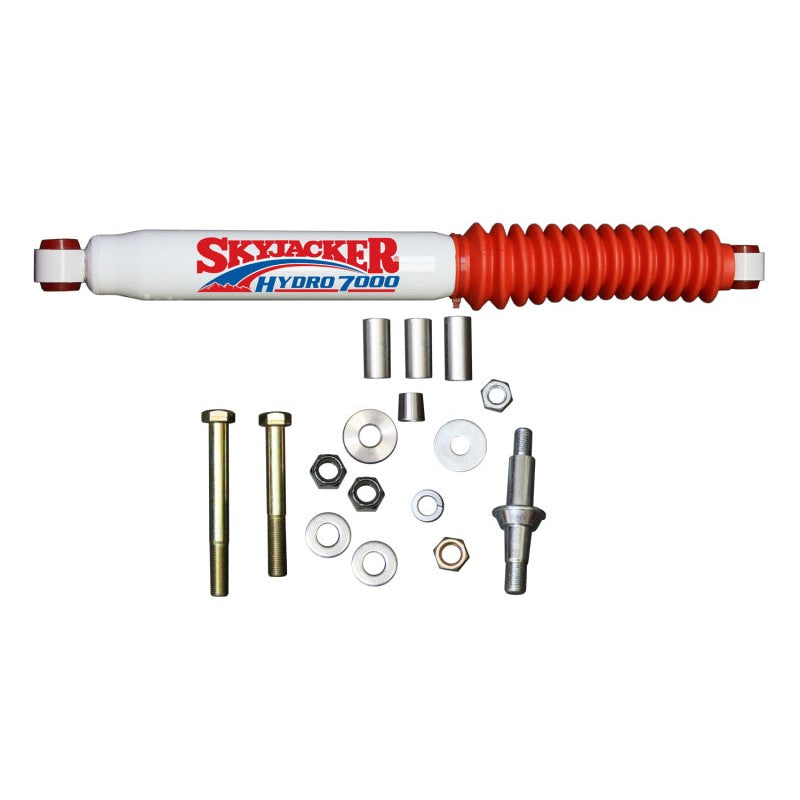 Skyjacker 7007 steering damper cylinder with mounting hardware and bushings for Dodge Ram 4WD trucks.