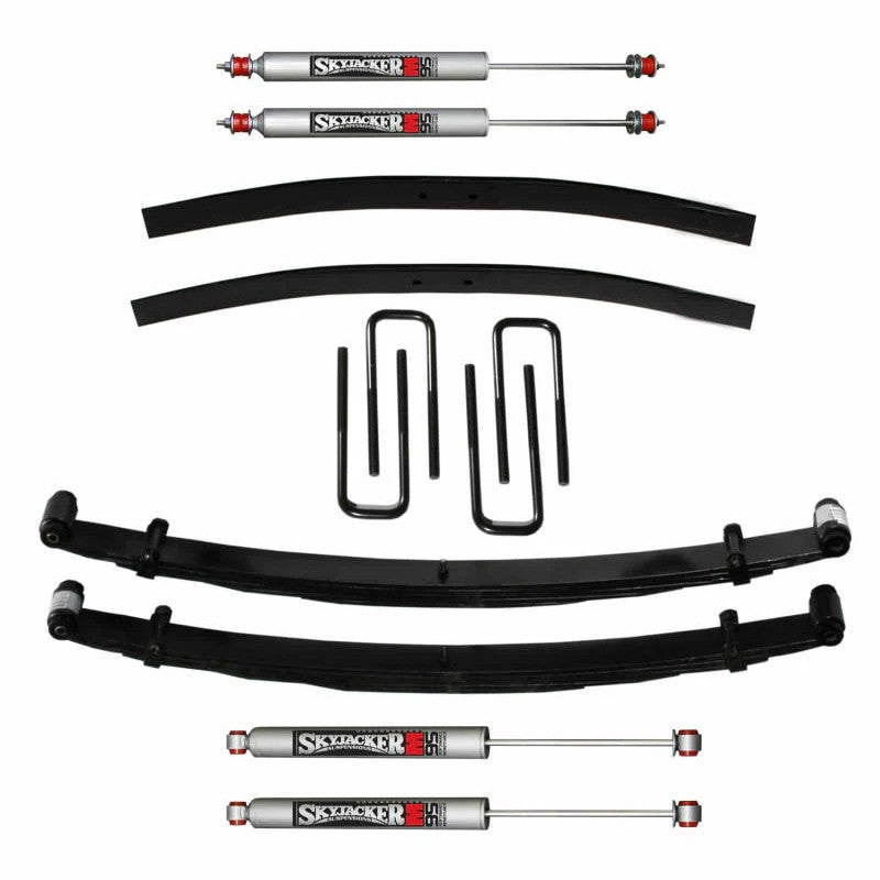 Skyjacker 2-inch suspension lift kit including leaf spring components, hardware, and four silver monotube shocks.