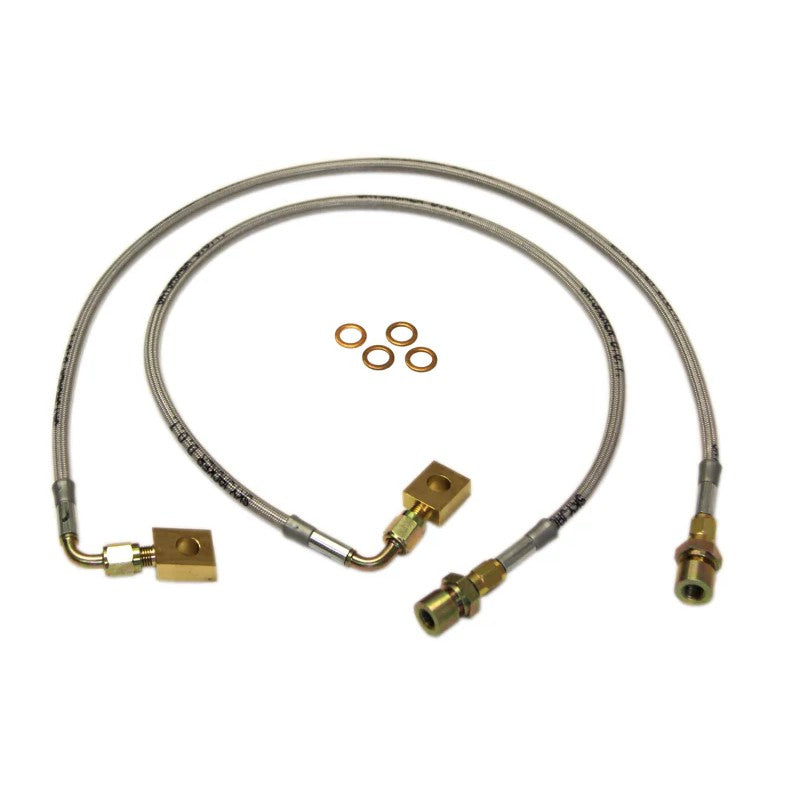 Skyjacker FBL92 stainless steel braided brake hose featuring heavy-duty brass fittings and a protective polyurethane coating.