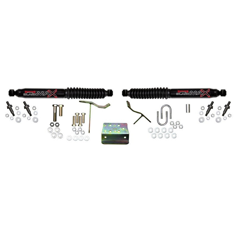 Black Skyjacker steering stabilizer damper kit for 2009-2012 Dodge and Ram 2500 and 3500 trucks.