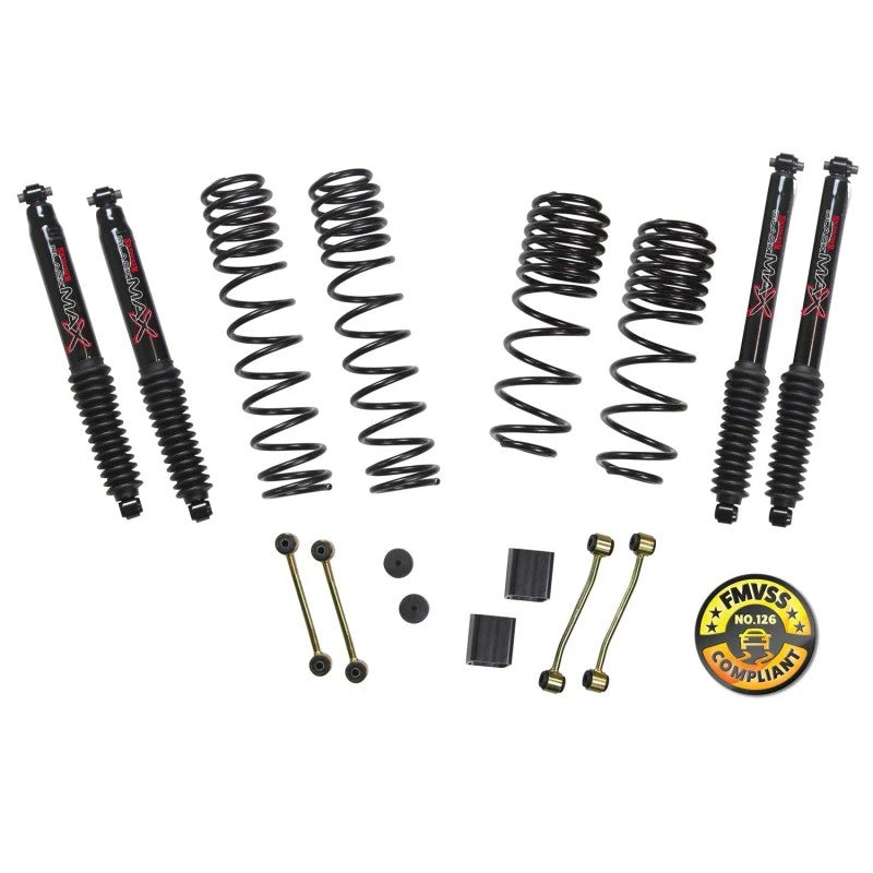 Skyjacker black powder-coated 2-stage long travel coil springs and mounting hardware for Jeep Wrangler JL 4-Door.