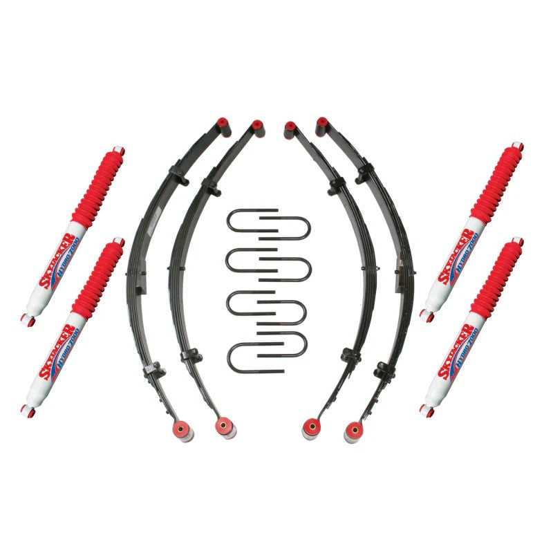 Skyjacker 4-inch suspension lift kit for Jeep CJ featuring leaf springs, hardware, and four white Hydro shocks.
