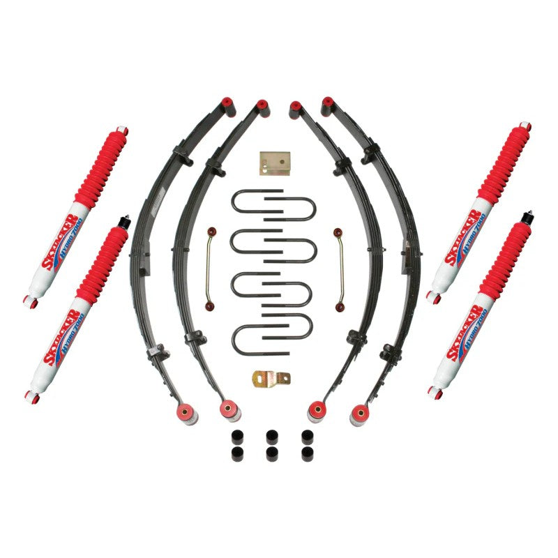 Skyjacker 4-inch suspension lift kit for 1987-1995 Jeep Wrangler YJ featuring four Hydro shocks and mounting hardware.