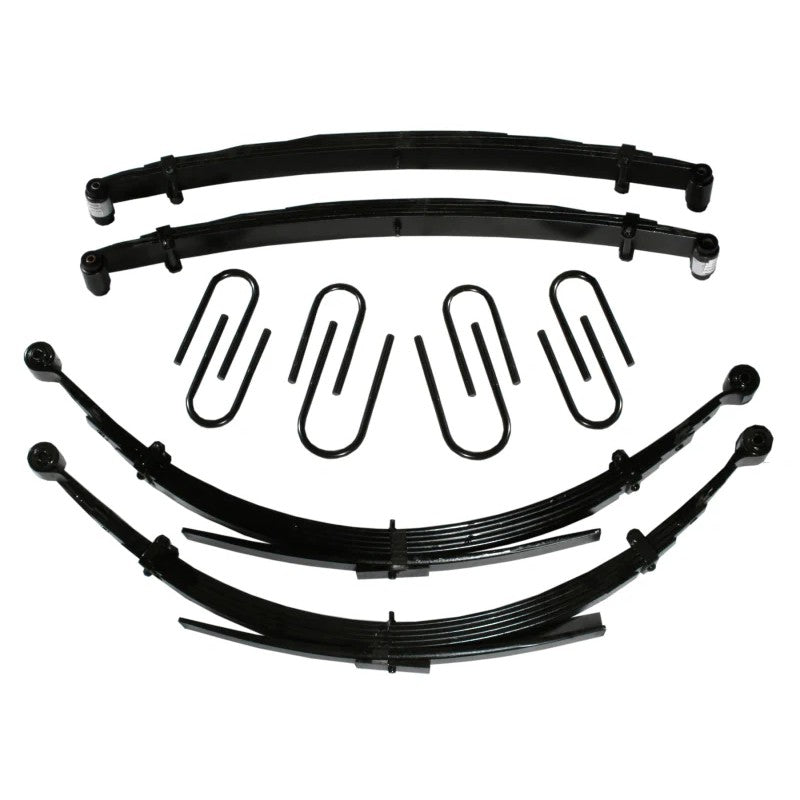 Skyjacker 6-inch Softride lift kit featuring 56-inch rear leaf springs and black powder-coated mounting hardware.