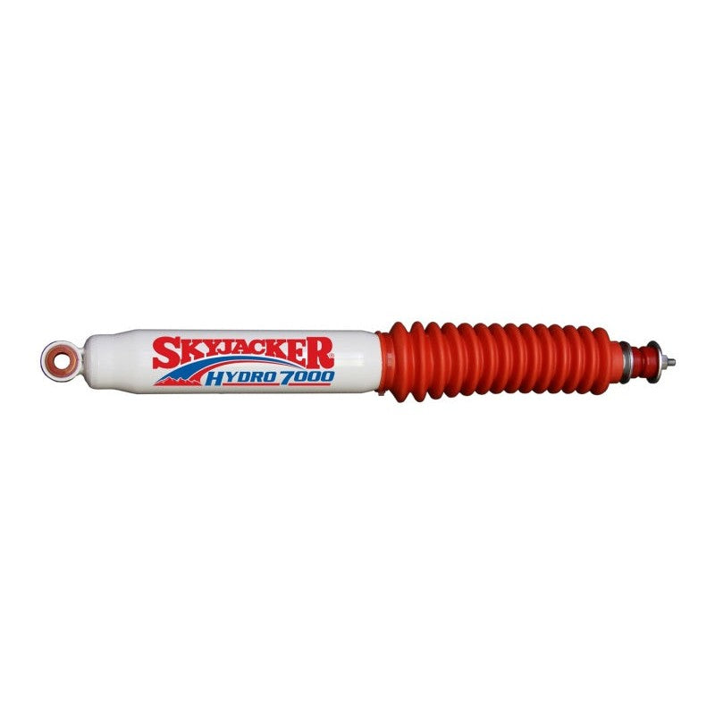 Skyjacker Hydro H7004 twin tube shock absorber with red protective boot and polyurethane bushings.