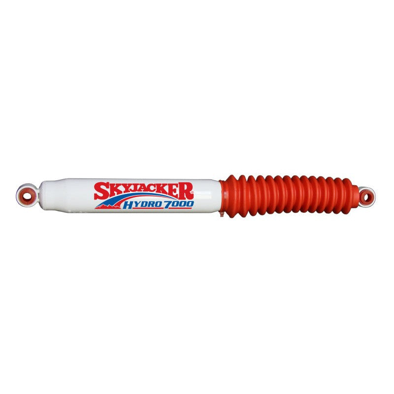 Skyjacker Hydro series shock absorber featuring red polyurethane bushings and a red protective boot.