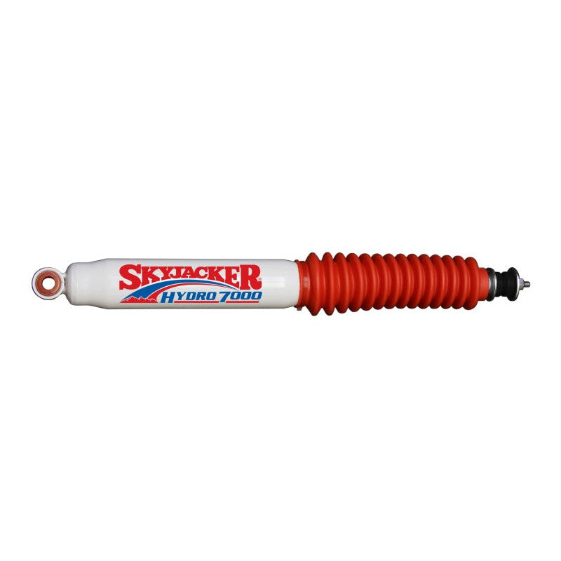 Skyjacker Hydro H7098 twin-tube shock absorber with red polyurethane bushings and protective red boot.