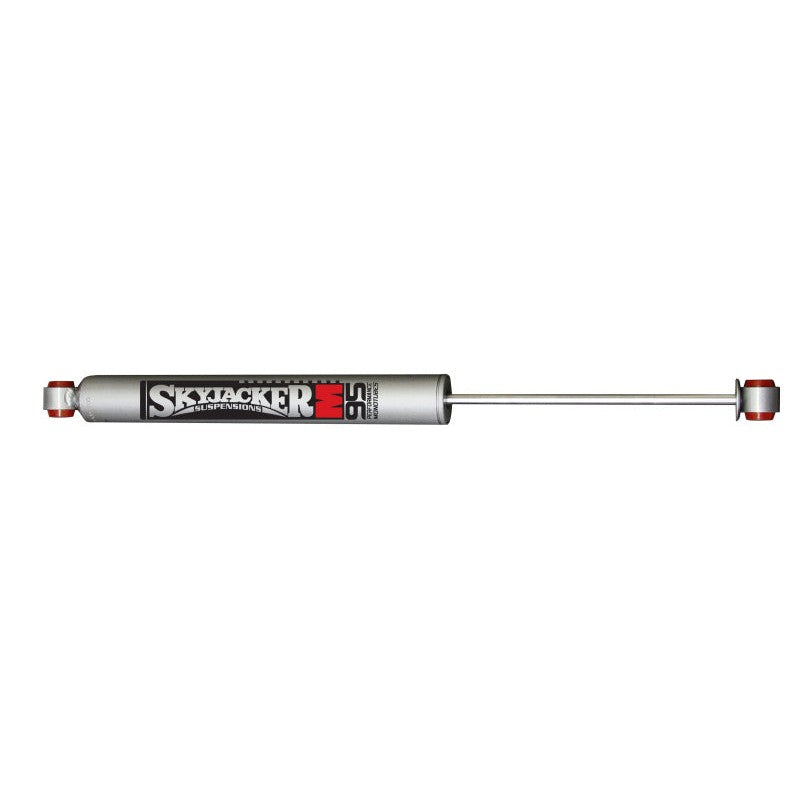 Skyjacker M95 Performance Monotube Shock Absorber with silver finish and black protective dust boot.