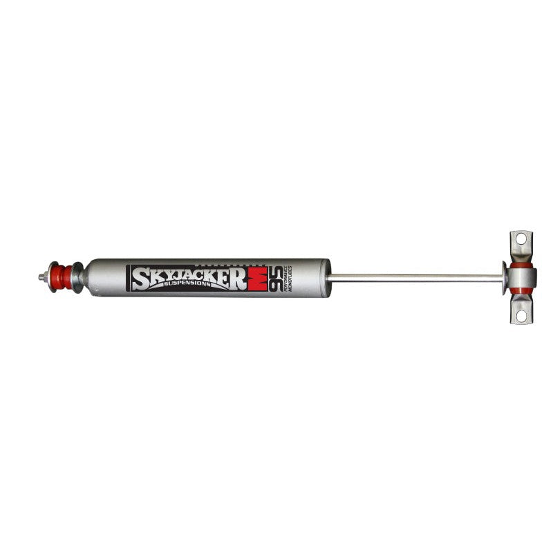 Skyjacker M95 performance monotube shock absorber with silver finish and blue protective dust boot.
