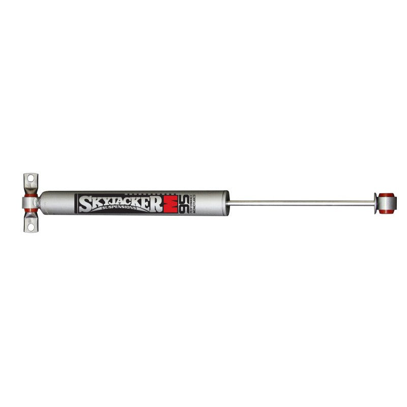 Skyjacker M95 Performance monotube shock absorber with silver finish and black protective dust boot.