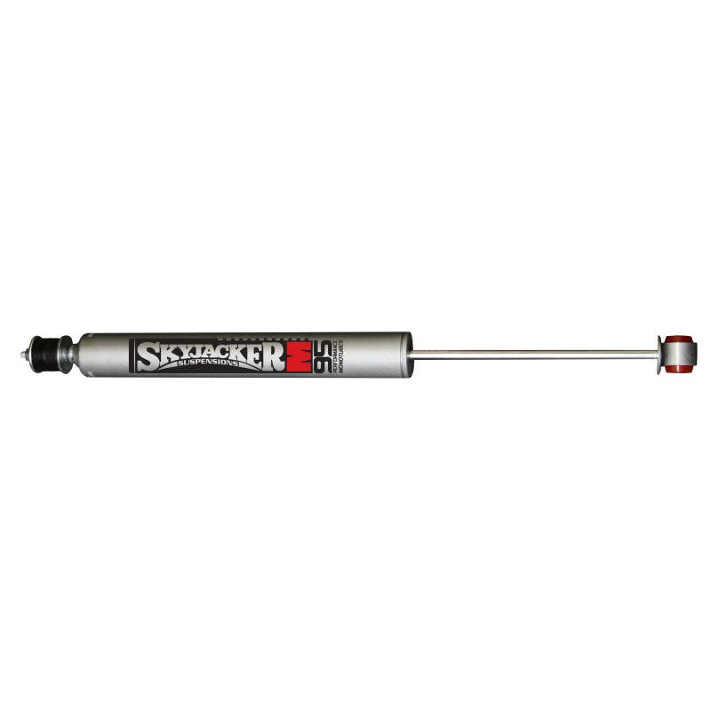 Skyjacker M95 Series silver monotube shock absorber with black protective boot and 46mm bore.