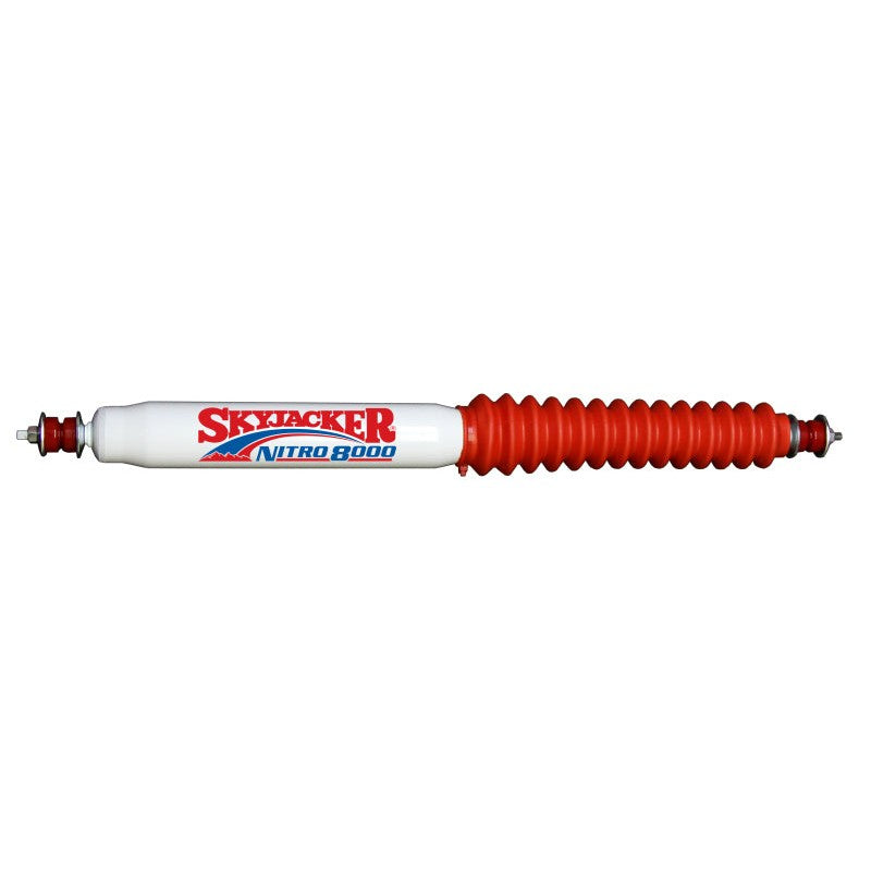 Skyjacker Nitro N8014 shock absorber with red protective boot and red polyurethane bushings.
