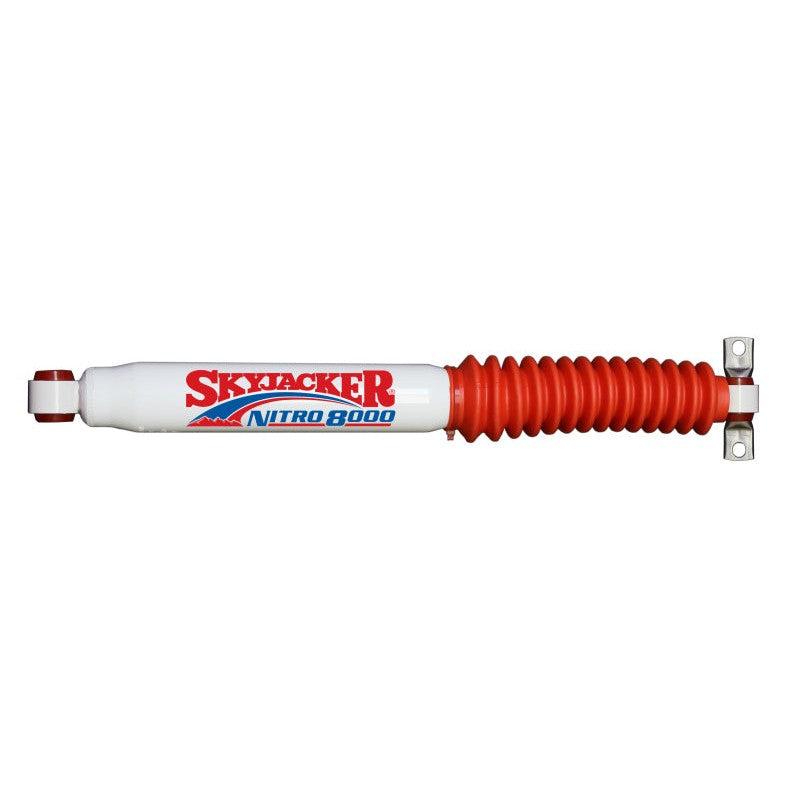 Skyjacker Nitro N8028 white twin-tube shock absorber with red dust boot and red polyurethane bushings.