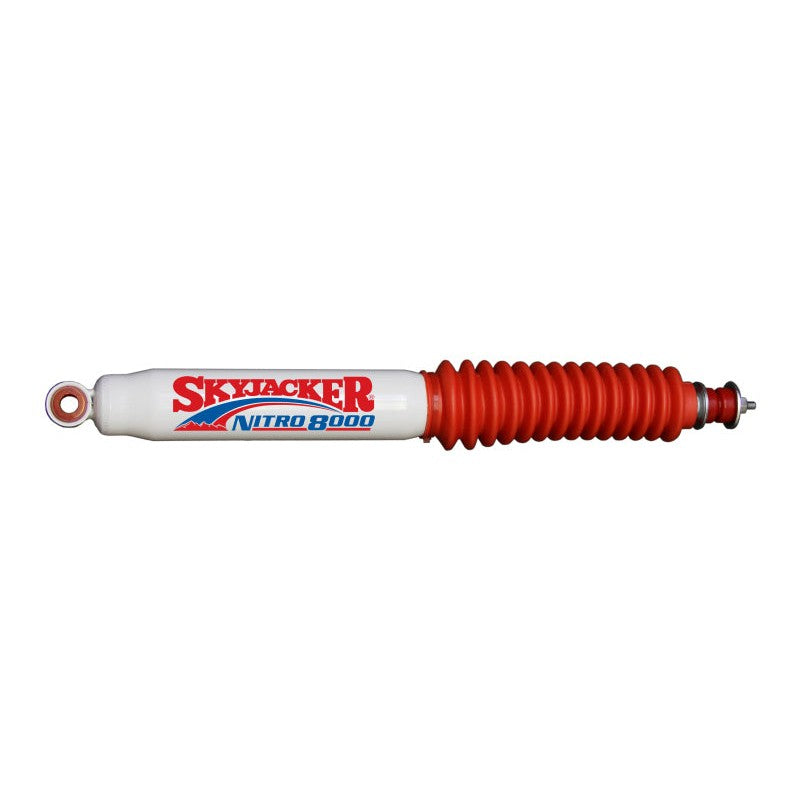 Skyjacker Nitro N8055 shock absorber with red protective boot and red polyurethane bushings.