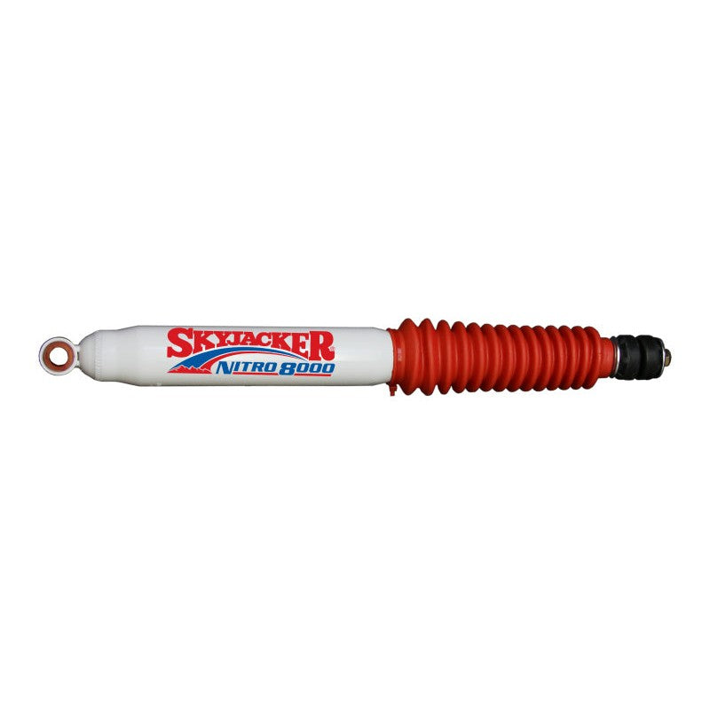 Skyjacker Nitro N8091 twin-tube shock absorber with red polyurethane bushings and protective red dust boot.