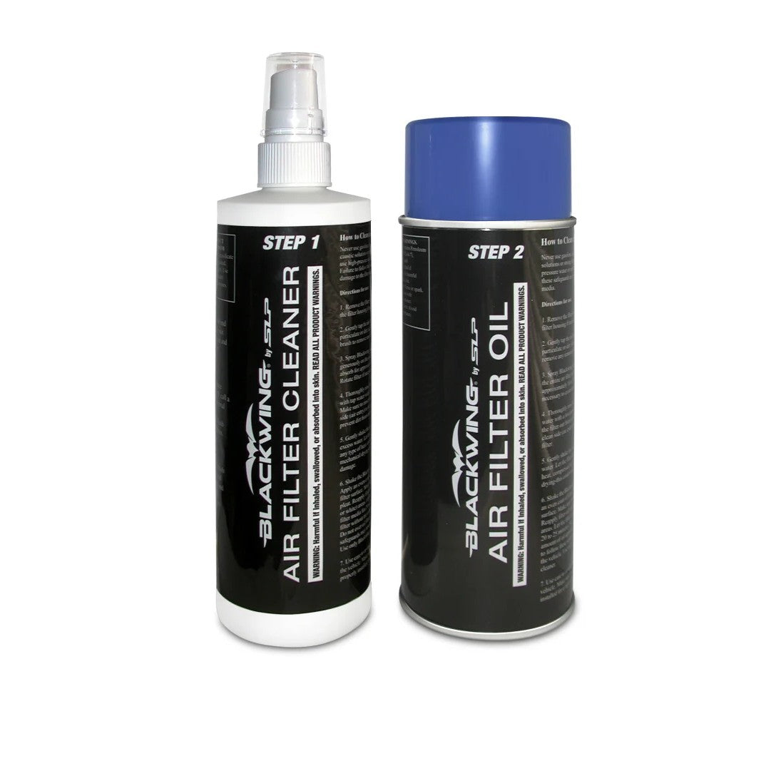 SLP Blackwing high-flow air filter in blue with accompanying filter oil bottle.