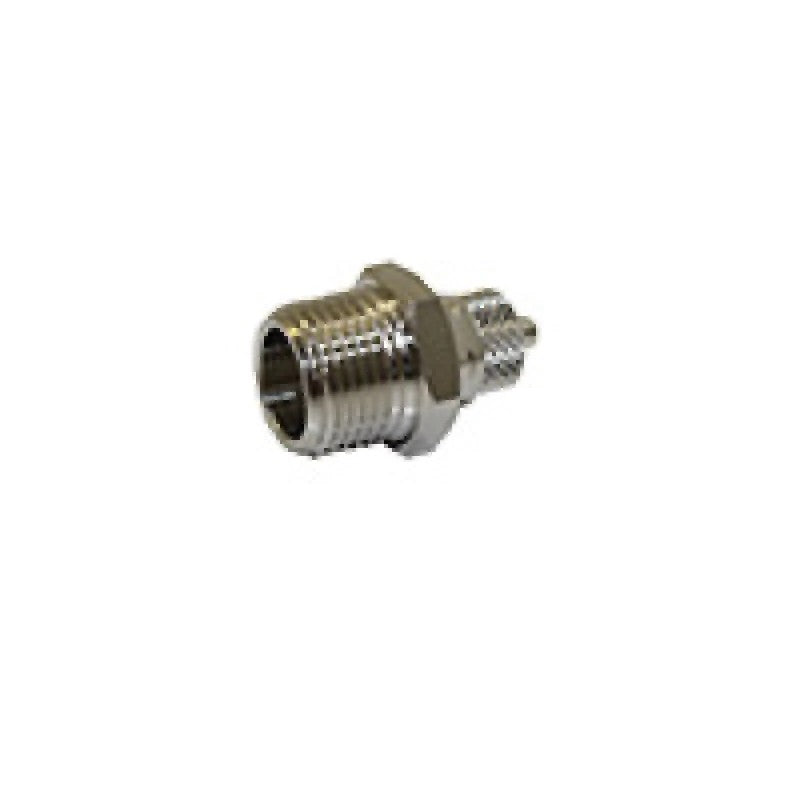 Snow Performance straight reservoir fitting featuring 3/8 inch NPT threads and a 1/4 inch quick-connect port
