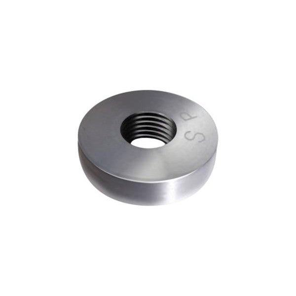 Circular 1-inch aluminum weld-in bung with 1/8 inch NPT threads for mounting water-methanol injection nozzles.