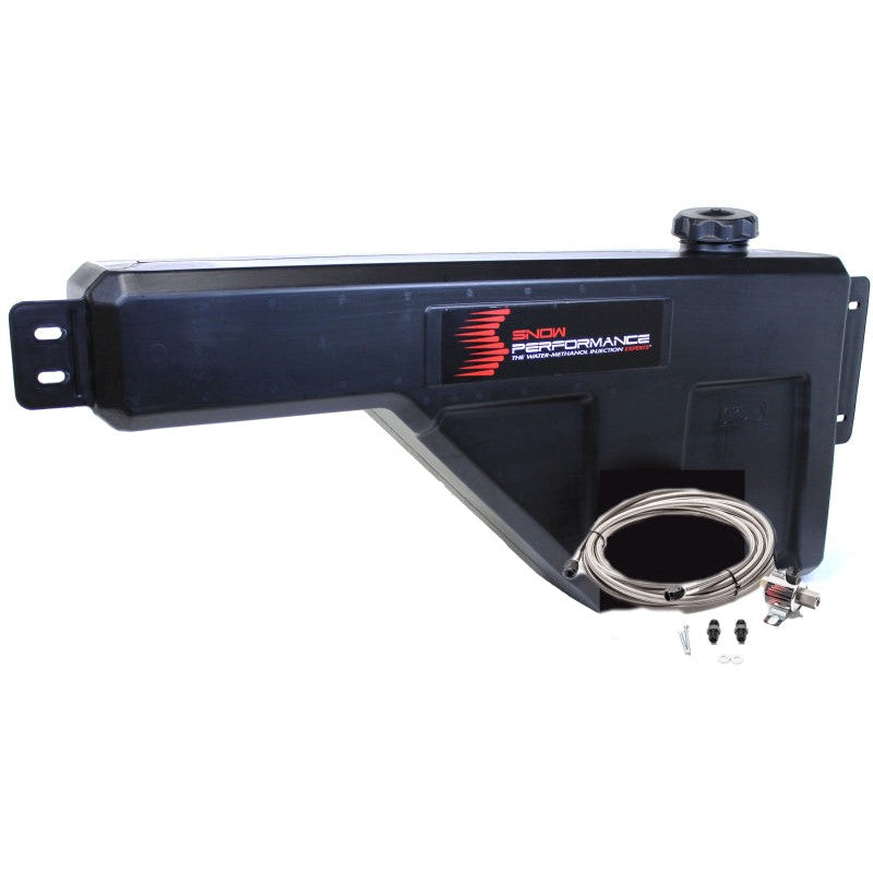 Snow Performance 10-gallon water-methanol tank with 20-foot braided stainless steel line, solenoid, and mounting hardware.