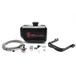 Snow Performance 2.5 gallon water-methanol reservoir with braided stainless steel line, solenoid, and mounting bracket.